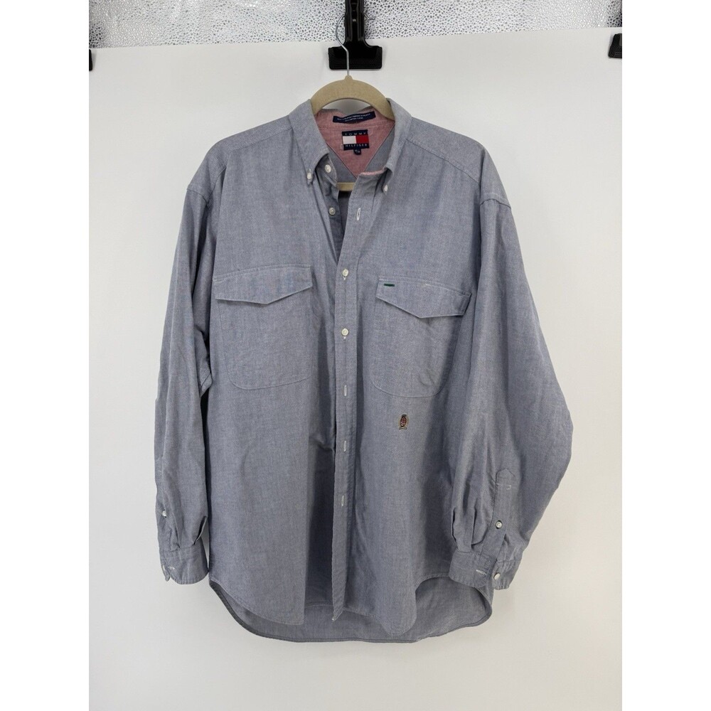 Vintage Tommy Hilfiger Button Shirt Men's Medium Blue Chambray Long Sleeve 90s